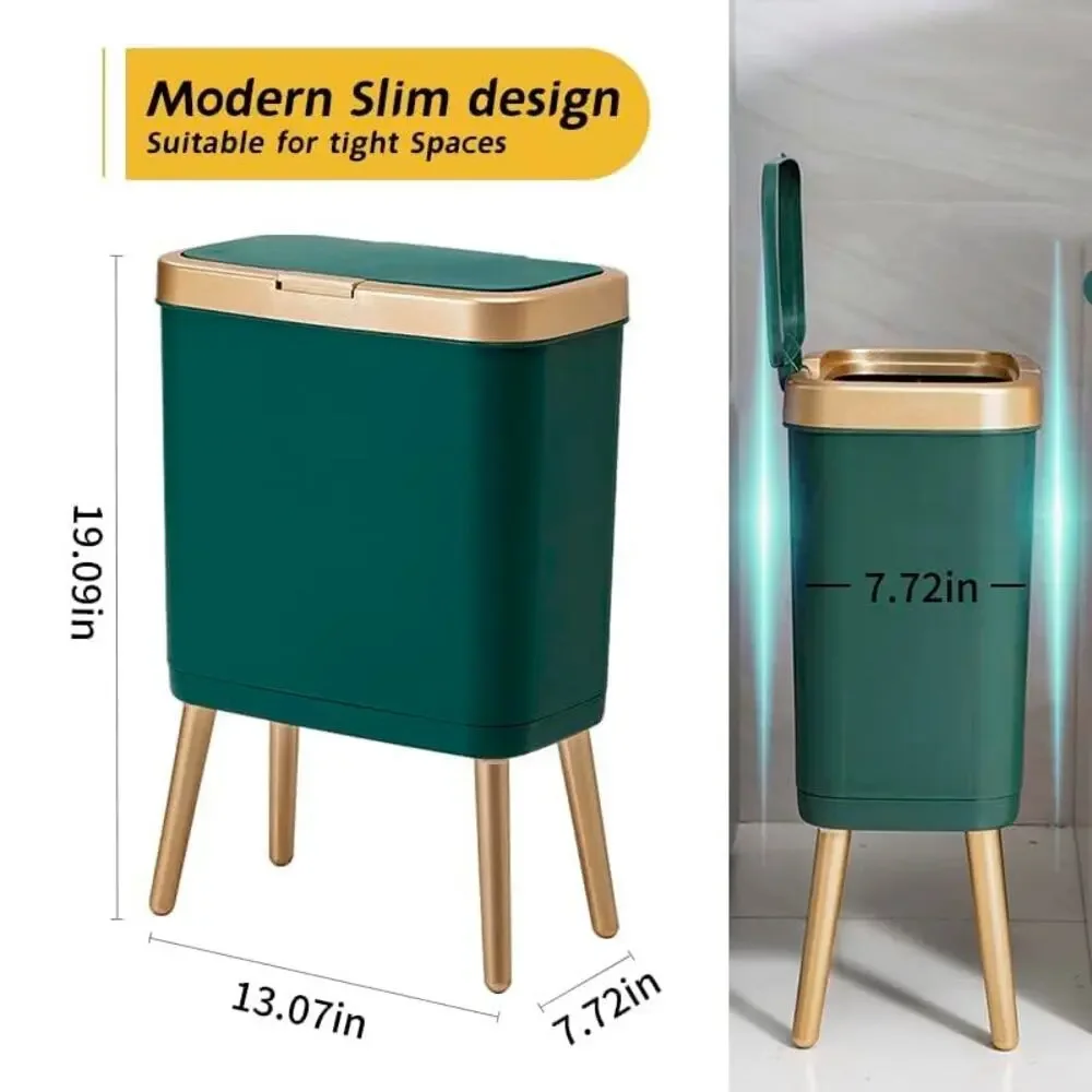 Small Trash Can with Lid 4 Gallon Push Button Waste Bin Gold Edge Bathroom